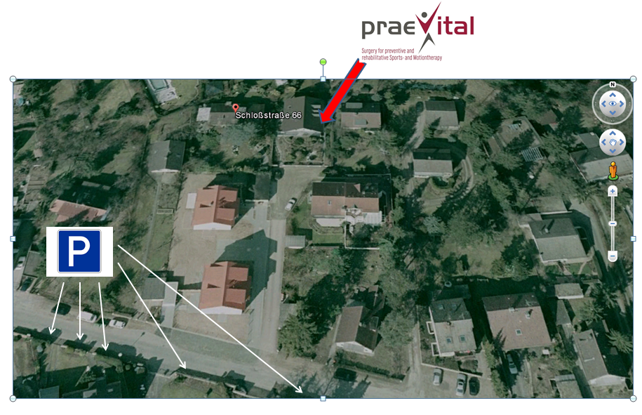 Luftbild mit markierten Parkplätzen rund um die Praxis praevital in der Schloßstraße 66A, Darmstadt
